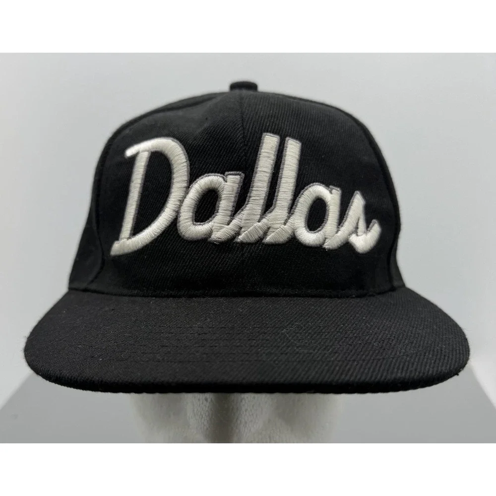 Vintage Y2K Academy Fits Black Dallas Texas Script Snapback Hat OSFA